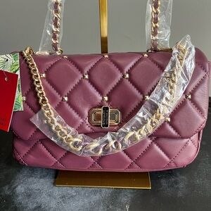 Badgley Mischka Quilted Vegan Leather Bag Purse with Gold tone Plum/Purple